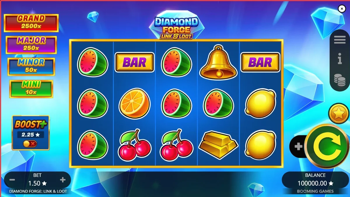 Tampilan visual slot Diamond Forge Link & Loot dengan simbol buah klasik dan berlian yang berkilau